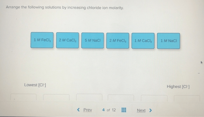 Arrange the following solutions by increasing chloride ion molarity.