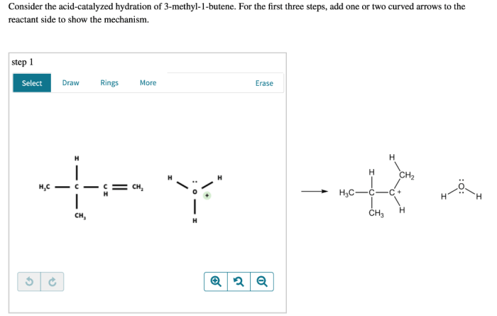 Catalyzed hydration acid wrong thing last methyl consider butene add curved arrows mechanism reactant steps side two only but messing